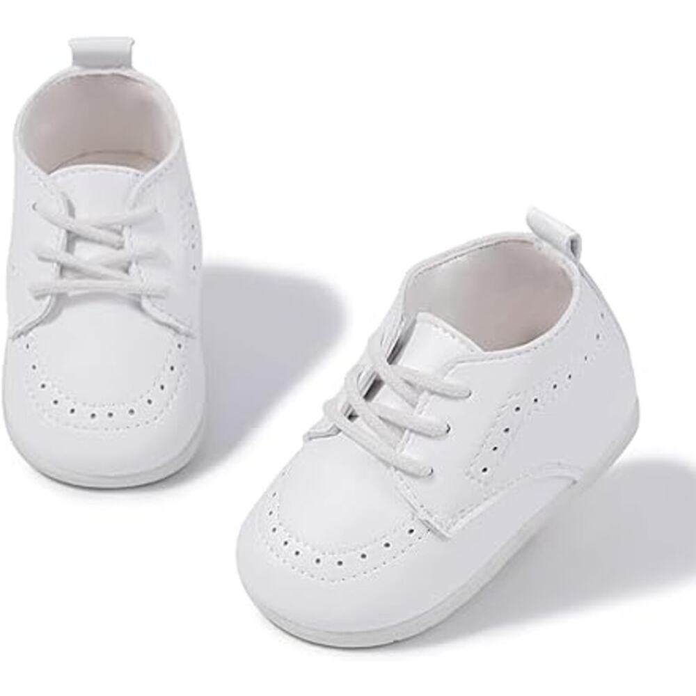 New Meckior Infant Baby 6-12 Mos White Lace Up Classic Faux Leather Crib Shoes